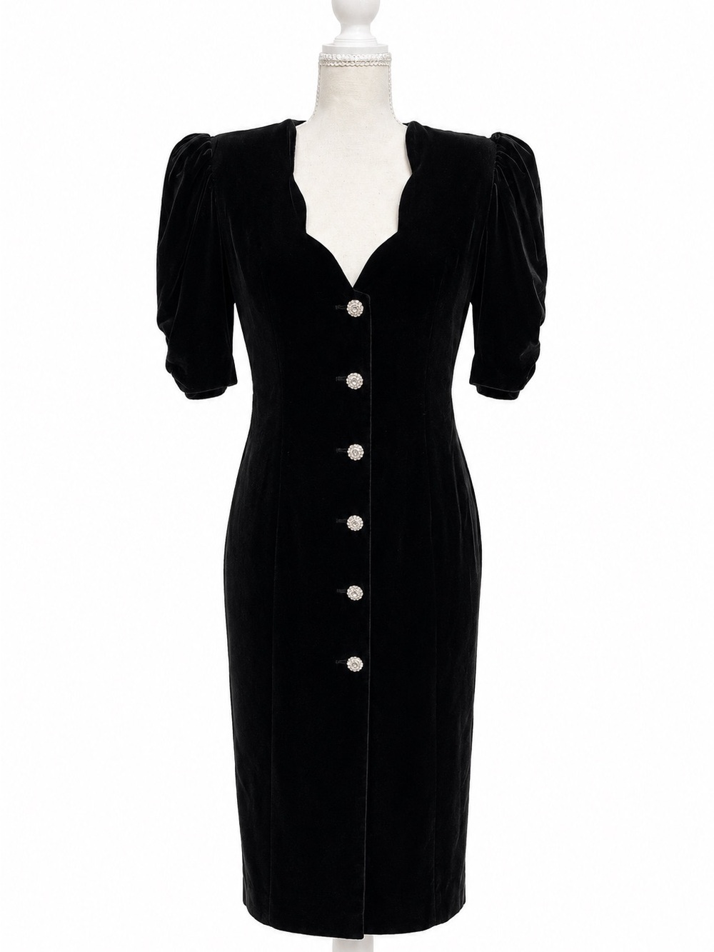 Vintage Karen Lucas Black Velvet Rhinestone Button Dress Size 10